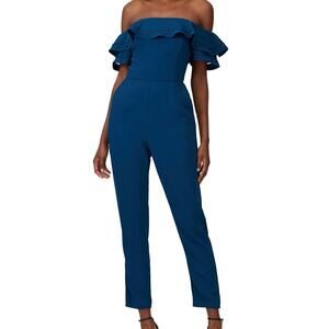 Adelyn Rae Anora Jumpsuit w Pockets SMALL Blue Off The Shoulder Straight Ruffle